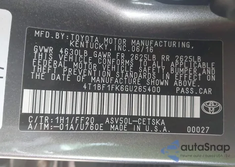 2016 Toyota Camry Se from USA, damaged, VIN 4T1BF1FK6GU265400